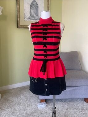 Sleeveless Red and Black Striped Peplum Top with Front Bows